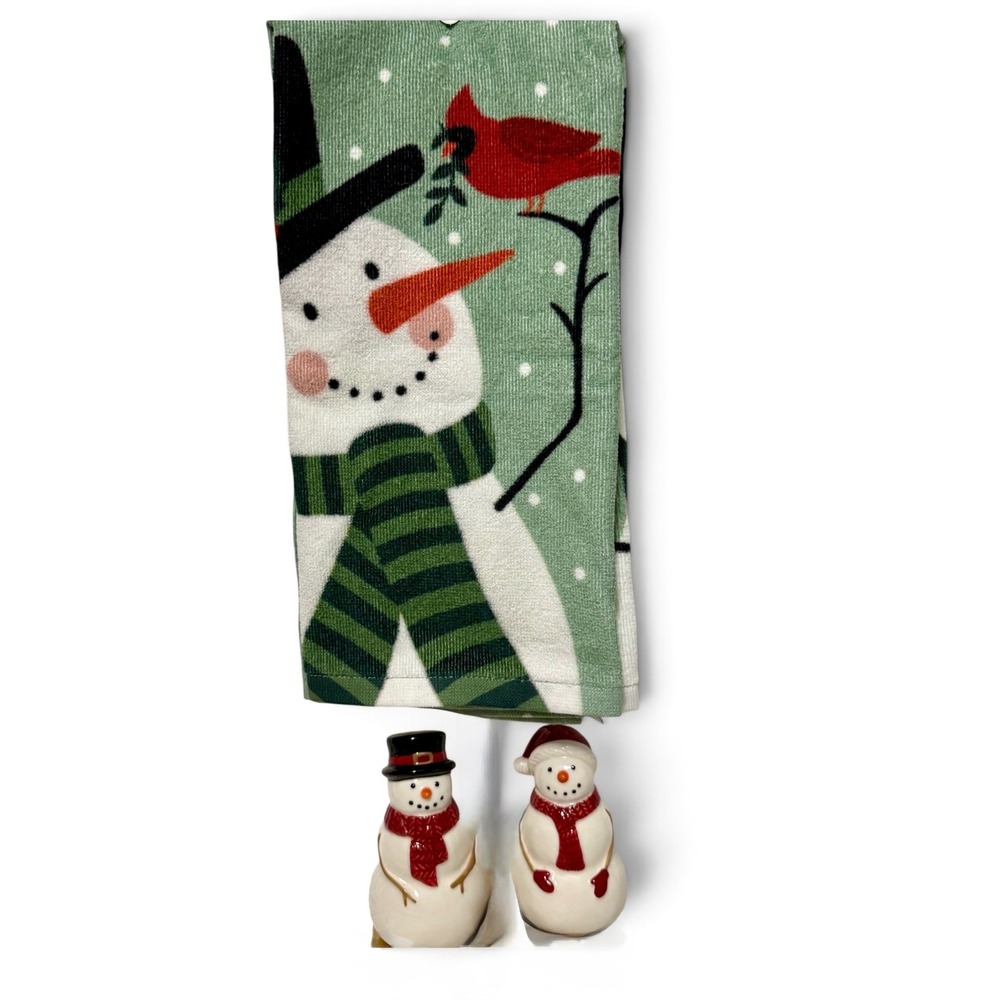 December Home Snowman Kitchen Towel & St Nicholas Square Shaker Set NEW